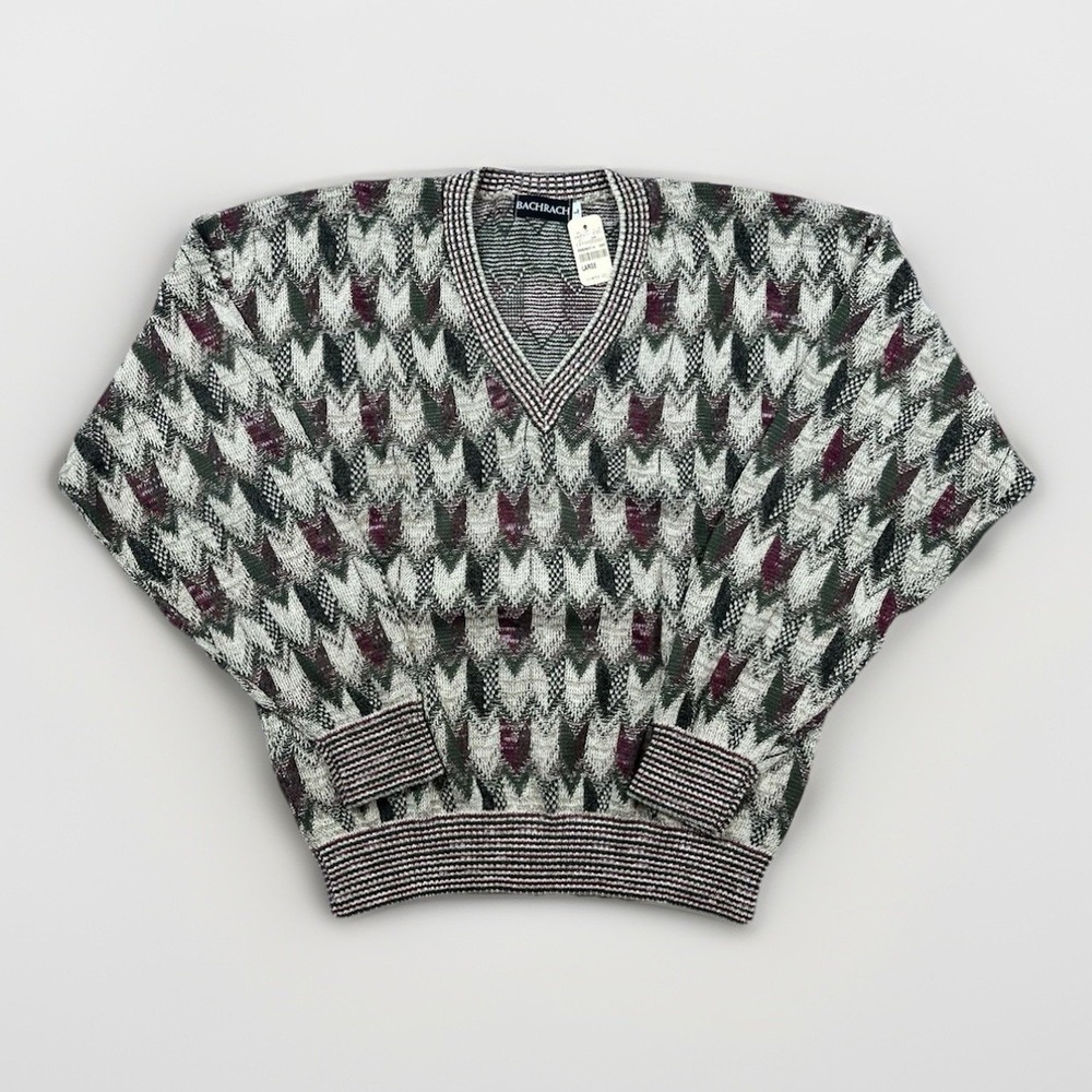 VTG Bachrach Sweater Men Sz Large Coogi-Style Abstract Arrow Geometric V-Neck